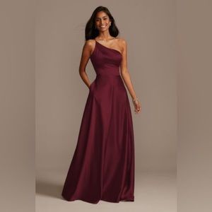 one shoulder satin a-line long bridesmaid dress
